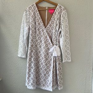 LilyPulitzerTiki Long Sleeve Lace Faux Wrap Romper